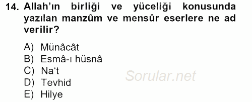 Türk İslam Edebiyatı 2013 - 2014 Tek Ders Sınavı 14.Soru
