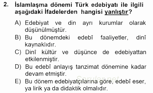 Türk İslam Edebiyatı 2013 - 2014 Tek Ders Sınavı 2.Soru