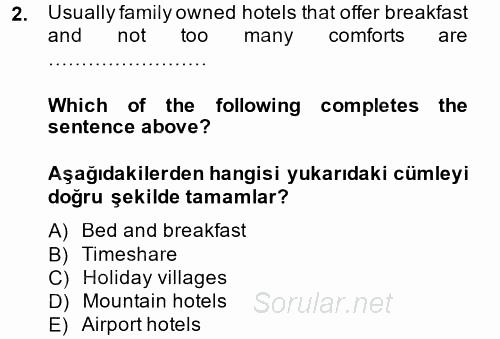 Turizm İçin 1ngilizce 1 2014 - 2015 Ara Sınavı 2.Soru