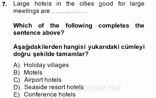 Turizm İçin 1ngilizce 1 2014 - 2015 Ara Sınavı 7.Soru