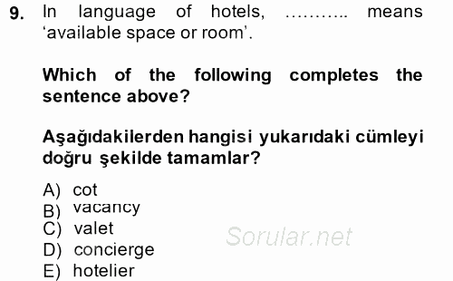Turizm İçin 1ngilizce 1 2014 - 2015 Ara Sınavı 9.Soru