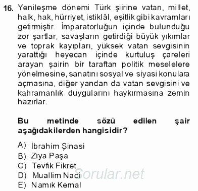Tanzimat Dönemi Türk Edebiyatı 1 2013 - 2014 Ara Sınavı 16.Soru
