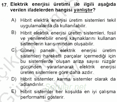 Elektrik Enerjisi Üretimi 2015 - 2016 Dönem Sonu Sınavı 17.Soru