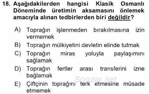 Osmanlı İktisat Tarihi 2016 - 2017 Ara Sınavı 18.Soru