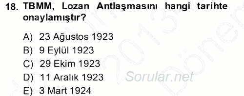 Atatürk İlkeleri Ve İnkılap Tarihi 1 2013 - 2014 Dönem Sonu Sınavı 18.Soru