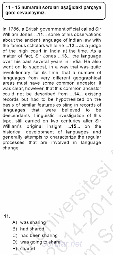 Bağlamsal Dilbilgisi 3 2014 - 2015 Dönem Sonu Sınavı 11.Soru
