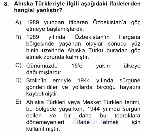 Çağdaş Türk Dünyası 2015 - 2016 Ara Sınavı 8.Soru