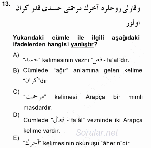 Osmanlı Türkçesi Grameri 1 2014 - 2015 Ara Sınavı 13.Soru