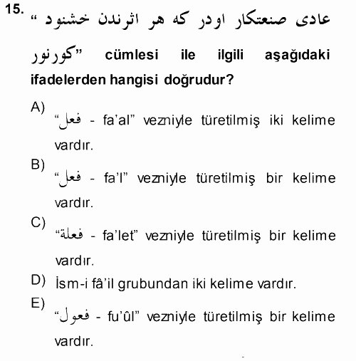 Osmanlı Türkçesi Grameri 1 2014 - 2015 Ara Sınavı 15.Soru