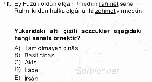 Eski Türk Edebiyatına Giriş: Söz Sanatları 2013 - 2014 Ara Sınavı 18.Soru