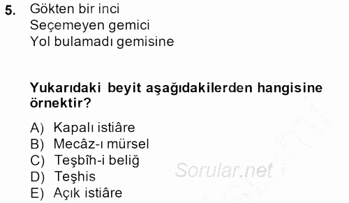 Eski Türk Edebiyatına Giriş: Söz Sanatları 2013 - 2014 Ara Sınavı 5.Soru