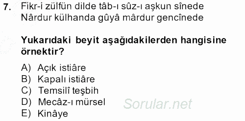 Eski Türk Edebiyatına Giriş: Söz Sanatları 2013 - 2014 Ara Sınavı 7.Soru