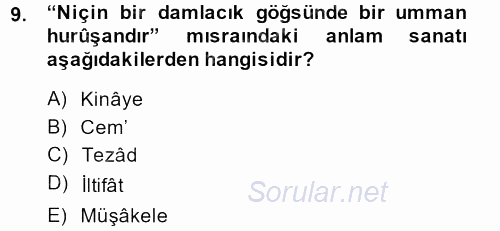 Eski Türk Edebiyatına Giriş: Söz Sanatları 2013 - 2014 Ara Sınavı 9.Soru