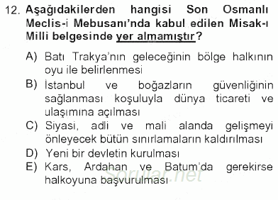 Atatürk İlkeleri Ve İnkılap Tarihi 1 2012 - 2013 Tek Ders Sınavı 12.Soru