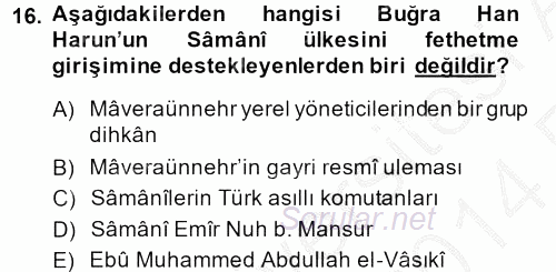 İlk Müslüman Türk Devletleri 2013 - 2014 Ara Sınavı 16.Soru