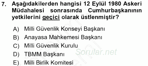 Türk Anayasa Hukuku 2015 - 2016 Ara Sınavı 7.Soru
