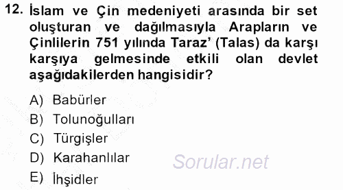 İlk Müslüman Türk Devletleri 2014 - 2015 Ara Sınavı 12.Soru