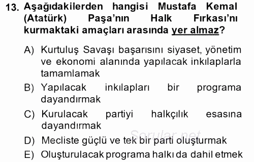Atatürk İlkeleri Ve İnkılap Tarihi 1 2014 - 2015 Tek Ders Sınavı 13.Soru