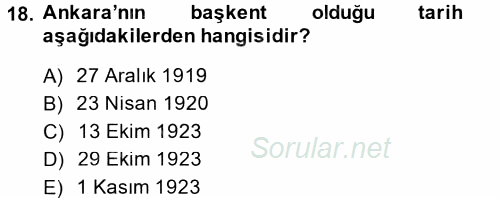 Atatürk İlkeleri Ve İnkılap Tarihi 1 2014 - 2015 Tek Ders Sınavı 18.Soru