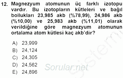 Genel Kimya 1 2015 - 2016 Ara Sınavı 12.Soru