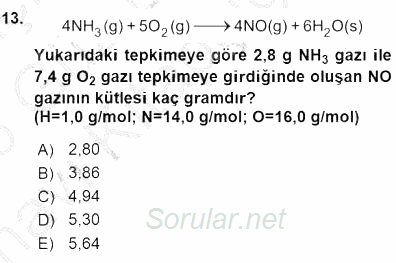 Genel Kimya 1 2015 - 2016 Ara Sınavı 13.Soru