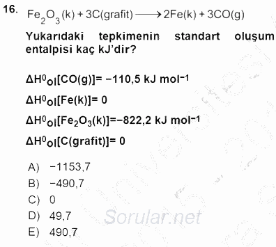 Genel Kimya 1 2015 - 2016 Ara Sınavı 16.Soru
