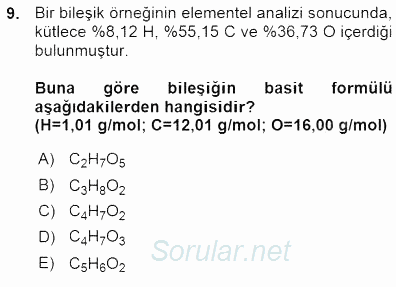 Genel Kimya 1 2015 - 2016 Ara Sınavı 9.Soru