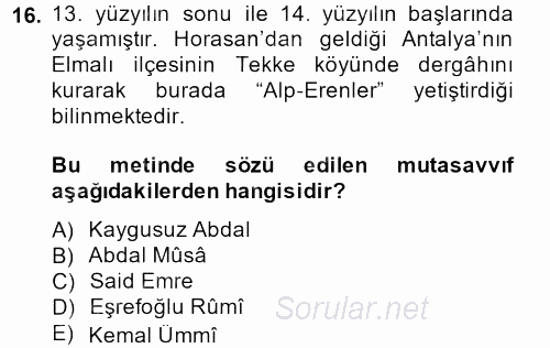 Türk Halk Şiiri 2013 - 2014 Tek Ders Sınavı 16.Soru