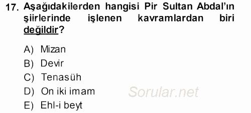 Türk Halk Şiiri 2013 - 2014 Tek Ders Sınavı 17.Soru