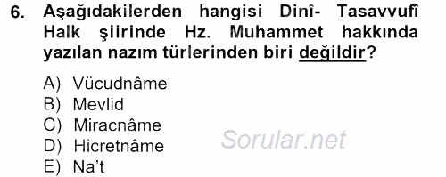 Türk Halk Şiiri 2013 - 2014 Tek Ders Sınavı 6.Soru