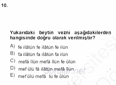 XIV-XV. Yüzyıllar Türk Edebiyatı 2012 - 2013 Dönem Sonu Sınavı 10.Soru