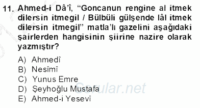 XIV-XV. Yüzyıllar Türk Edebiyatı 2012 - 2013 Dönem Sonu Sınavı 11.Soru