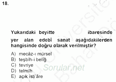 XIV-XV. Yüzyıllar Türk Edebiyatı 2012 - 2013 Dönem Sonu Sınavı 18.Soru