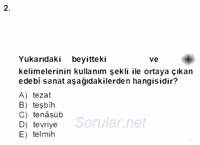 XIV-XV. Yüzyıllar Türk Edebiyatı 2012 - 2013 Dönem Sonu Sınavı 2.Soru