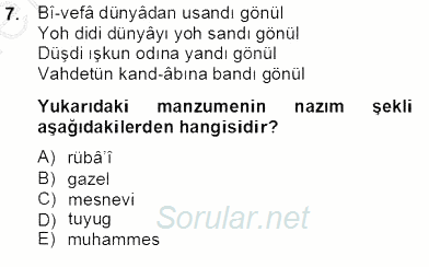 XIV-XV. Yüzyıllar Türk Edebiyatı 2012 - 2013 Dönem Sonu Sınavı 7.Soru