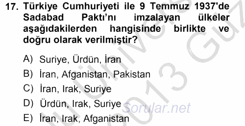 Türk Dış Politikası 1 2012 - 2013 Ara Sınavı 17.Soru