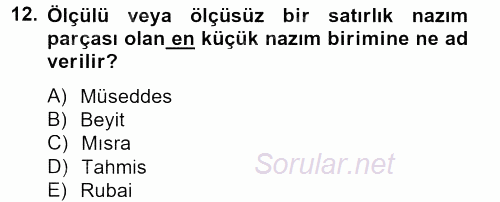 Türk İslam Edebiyatı 2012 - 2013 Ara Sınavı 12.Soru
