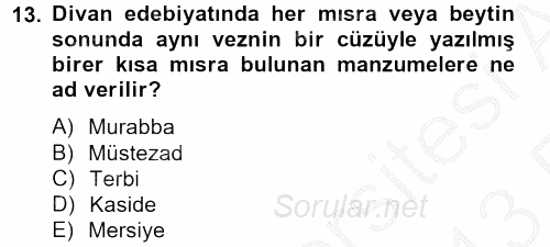 Türk İslam Edebiyatı 2012 - 2013 Ara Sınavı 13.Soru
