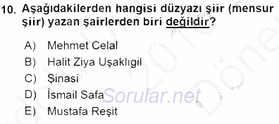 Tanzimat Dönemi Türk Edebiyatı 1 2015 - 2016 Dönem Sonu Sınavı 10.Soru