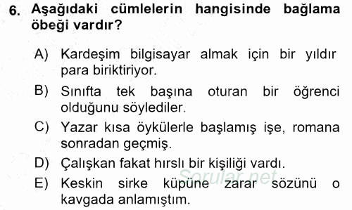 Türk Dili 1 2015 - 2016 Dönem Sonu Sınavı 6.Soru
