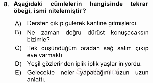 Türk Dili 1 2015 - 2016 Dönem Sonu Sınavı 8.Soru