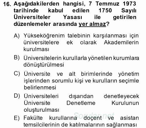 Türk Eğitim Tarihi 2013 - 2014 Tek Ders Sınavı 16.Soru