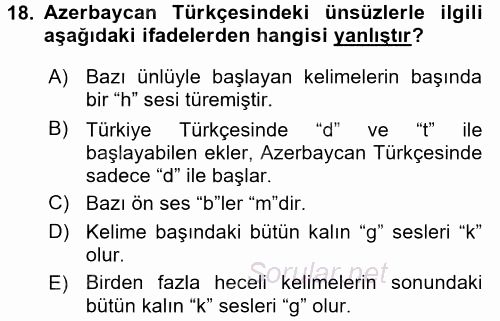 Çağdaş Türk Yazı Dilleri 1 2017 - 2018 Ara Sınavı 18.Soru