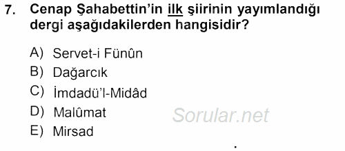 II. Abdülhamit Dönemi Türk Edebiyatı 2013 - 2014 Ara Sınavı 7.Soru