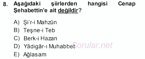 II. Abdülhamit Dönemi Türk Edebiyatı 2013 - 2014 Ara Sınavı 8.Soru