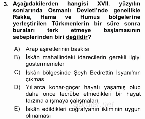Osmanlı´da İskan ve Göç 2016 - 2017 Ara Sınavı 3.Soru
