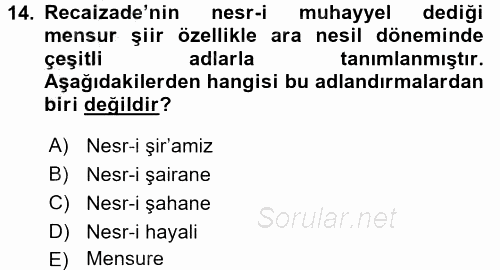 II. Abdülhamit Dönemi Türk Edebiyatı 2015 - 2016 Dönem Sonu Sınavı 14.Soru