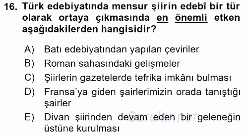 II. Abdülhamit Dönemi Türk Edebiyatı 2015 - 2016 Dönem Sonu Sınavı 16.Soru