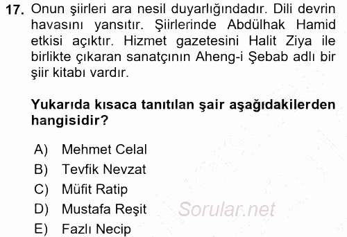 II. Abdülhamit Dönemi Türk Edebiyatı 2015 - 2016 Dönem Sonu Sınavı 17.Soru