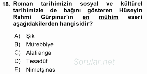 II. Abdülhamit Dönemi Türk Edebiyatı 2015 - 2016 Dönem Sonu Sınavı 18.Soru